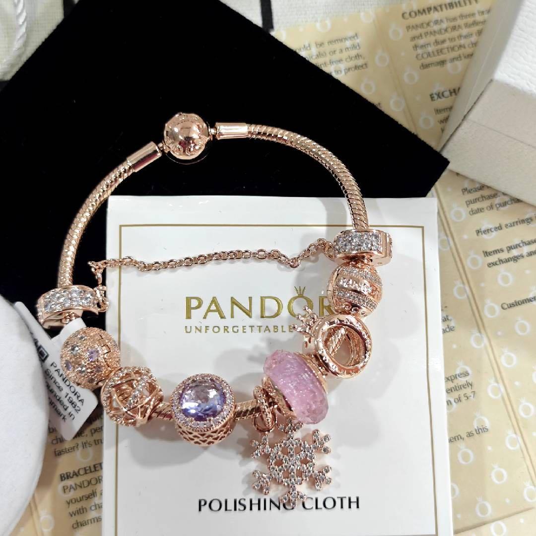 Pandora ローズゴールド ビーズブレスレット スノーフレークチャーム付き/