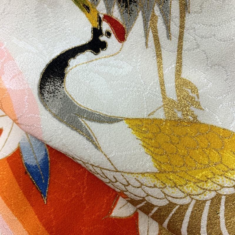 602ag14□七五三 七歳 セミアンティーク 女児 着物&袋帯 鶴 丸文□