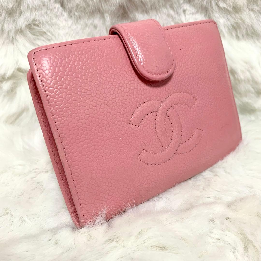 CHANEL 二つ折り財布 ココマーク キャビアスキン がま口 ピンク