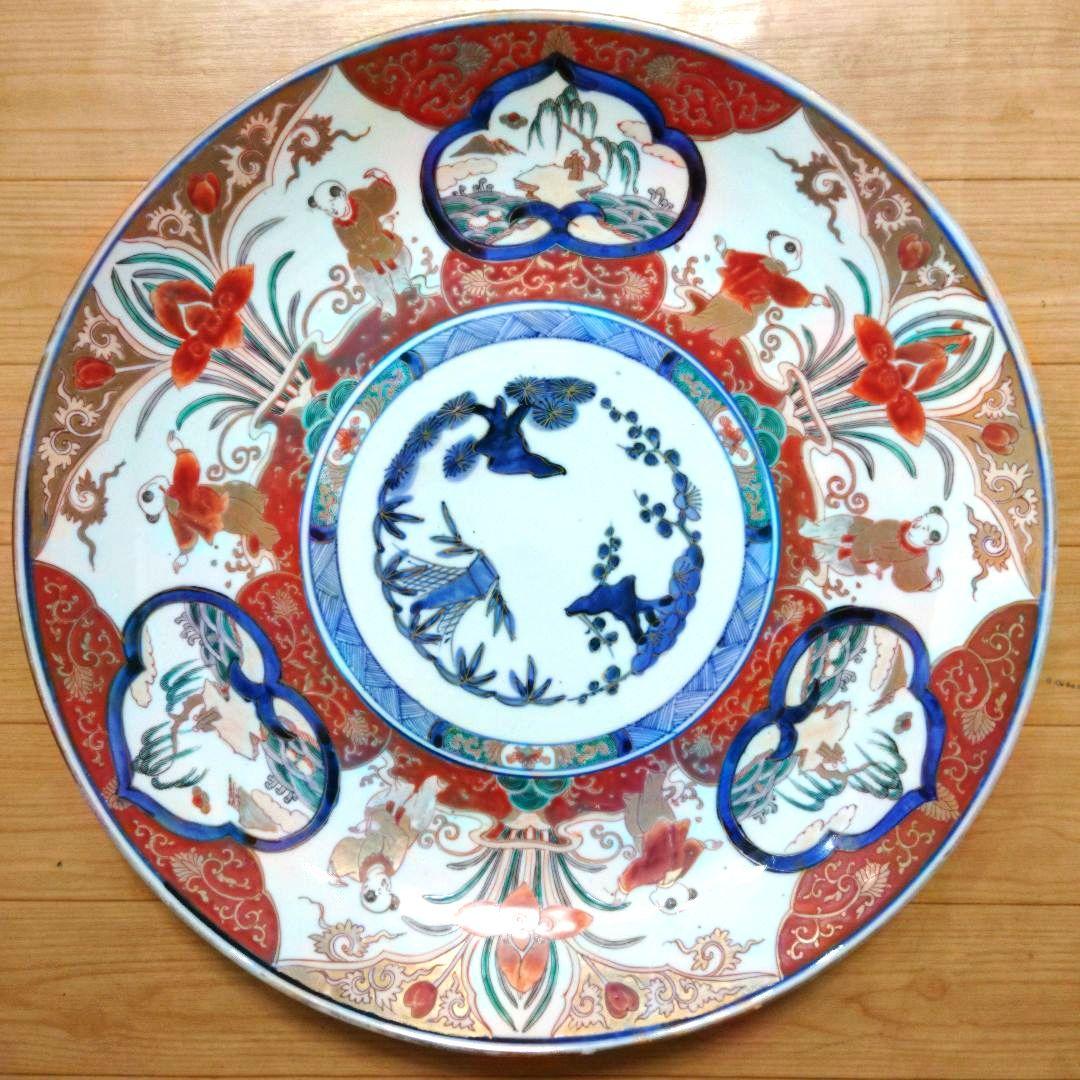 新春特価⚫希少特大皿⚫古伊万里色絵松竹梅花唐子図大皿⚫直径約46.5cm大正時代