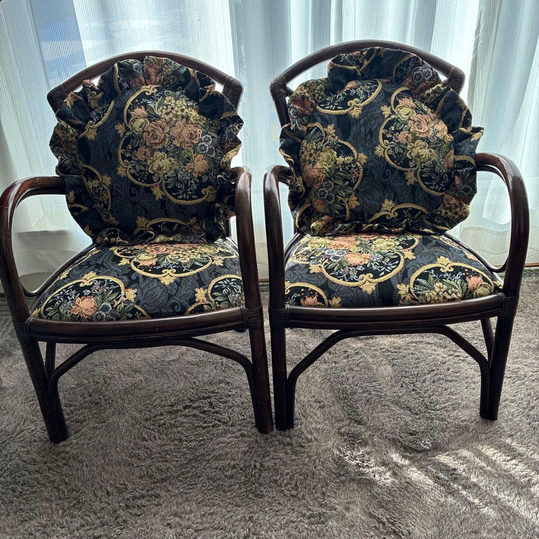 マルニ製　ラタン　花柄クッション付き 椅子　アンティーク