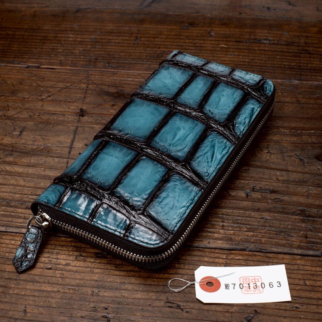実物撮影 一枚革 クロコダイル ブルー メンズ 長財布 ラウンドファスナー 青
