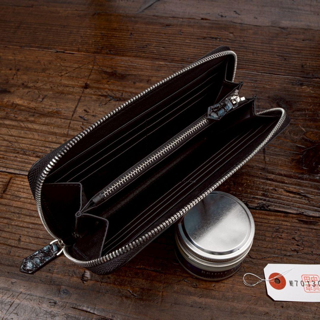 実物撮影 一枚革 クロコダイル ブルー メンズ 長財布 ラウンドファスナー 青