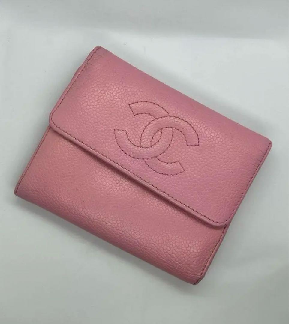 良品✨CHANEL シリアルシール有✨ピンクレザー三つ折り財布/708