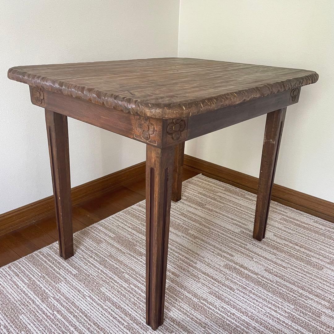 アジアンテーブル　エスニックテーブル　花彫刻　二人掛けダイニングテーブル