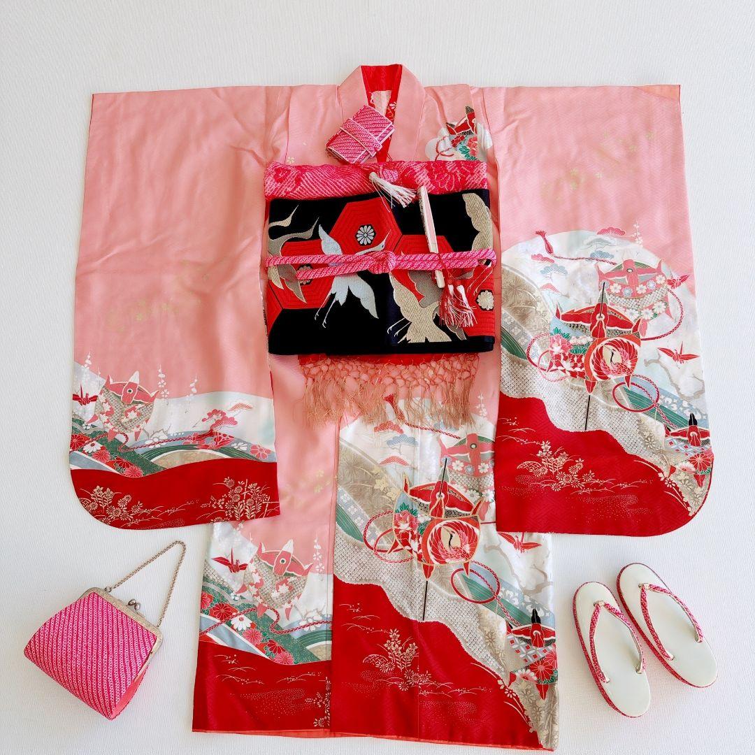 七五三７歳女の子　セット　着物　サーモンピンク　鶴　52338