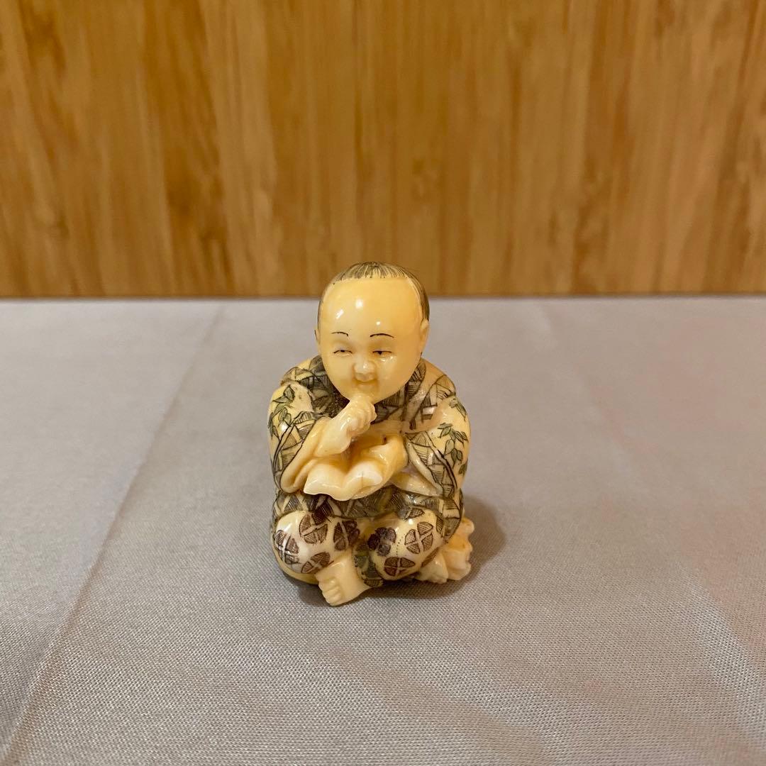 古美術 在銘 山口 カバ牙 根付 河馬 骨董 Netsuke 人物 彫刻⑧