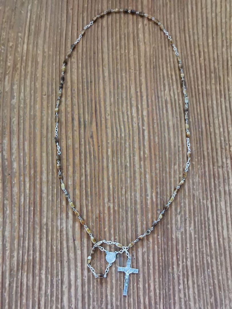 アンティーク ベルギーイタリア セピアマーブルガラス 聖母子のネックレスロザリオ