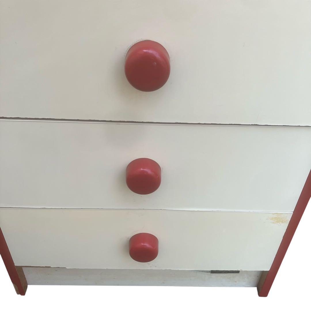 チェスト　昭和レトロ ホワイト×レッド タンス 5段 引き出し収納 整理タンス