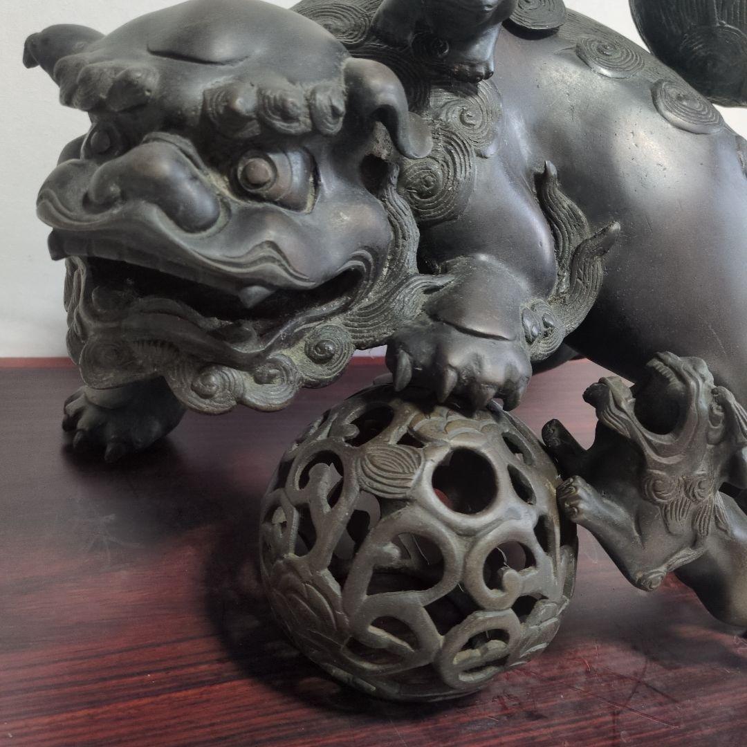 旧家　古い銅製　高炉　獅子　古銅宣徳銅　神獣　魔除　縁起物　彫金　玉獅子