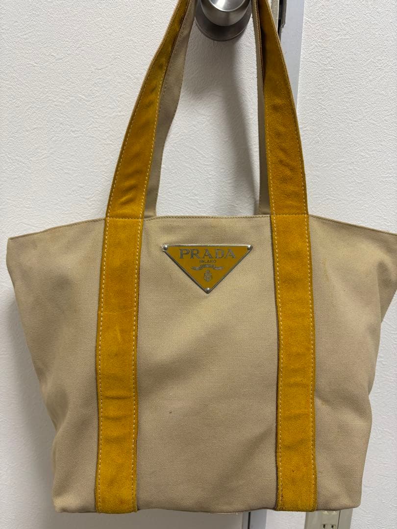 PRADA プラダ キャンバス 三角ロゴ トート バッグ ベージュ イエロー