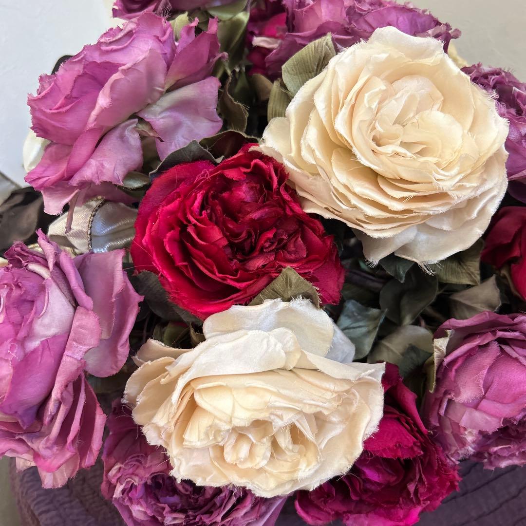 染め花　大輪のバラの花束　アートフラワー　ハンドメイド　リボン付き