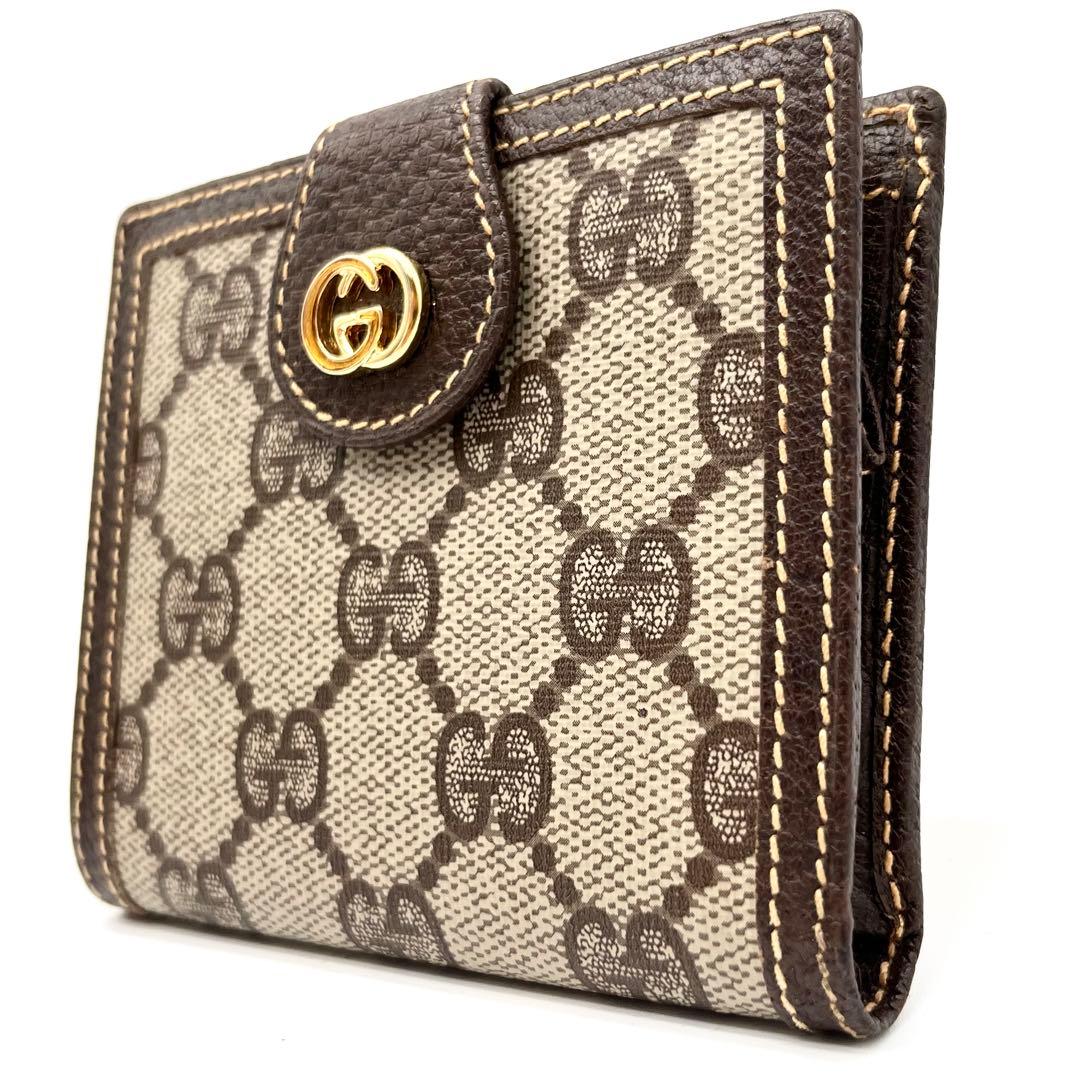 【美品】GUCCI 二つ折り財布　がま口　GG柄　PVC レザー　ブラウン