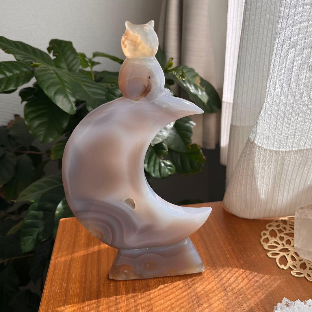 天然石 瑪瑙ジオード 三日月と猫 プレート置物