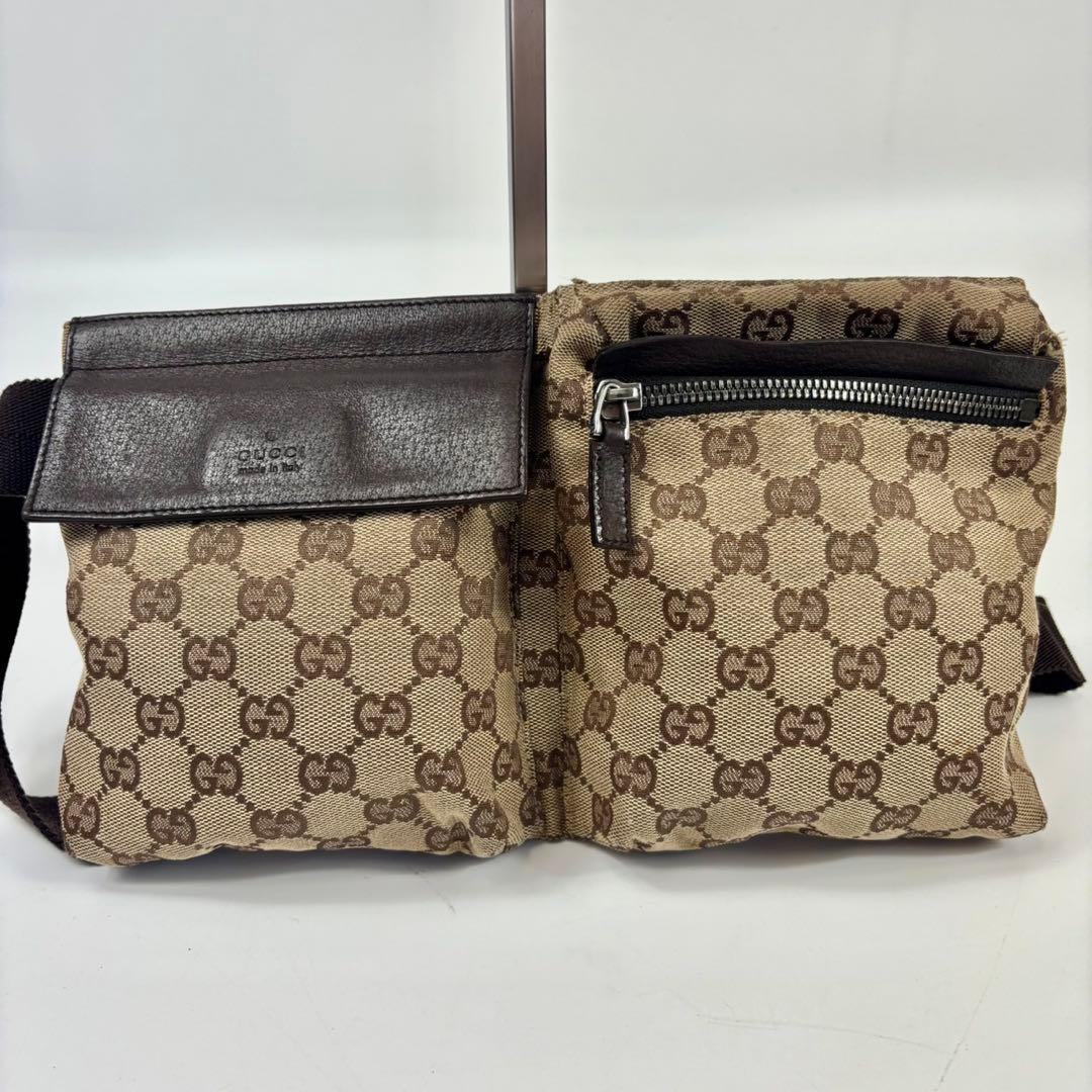 グッチ　ウエストバッグ　ポーチ　GGキャンバス　レザー　斜めがけ