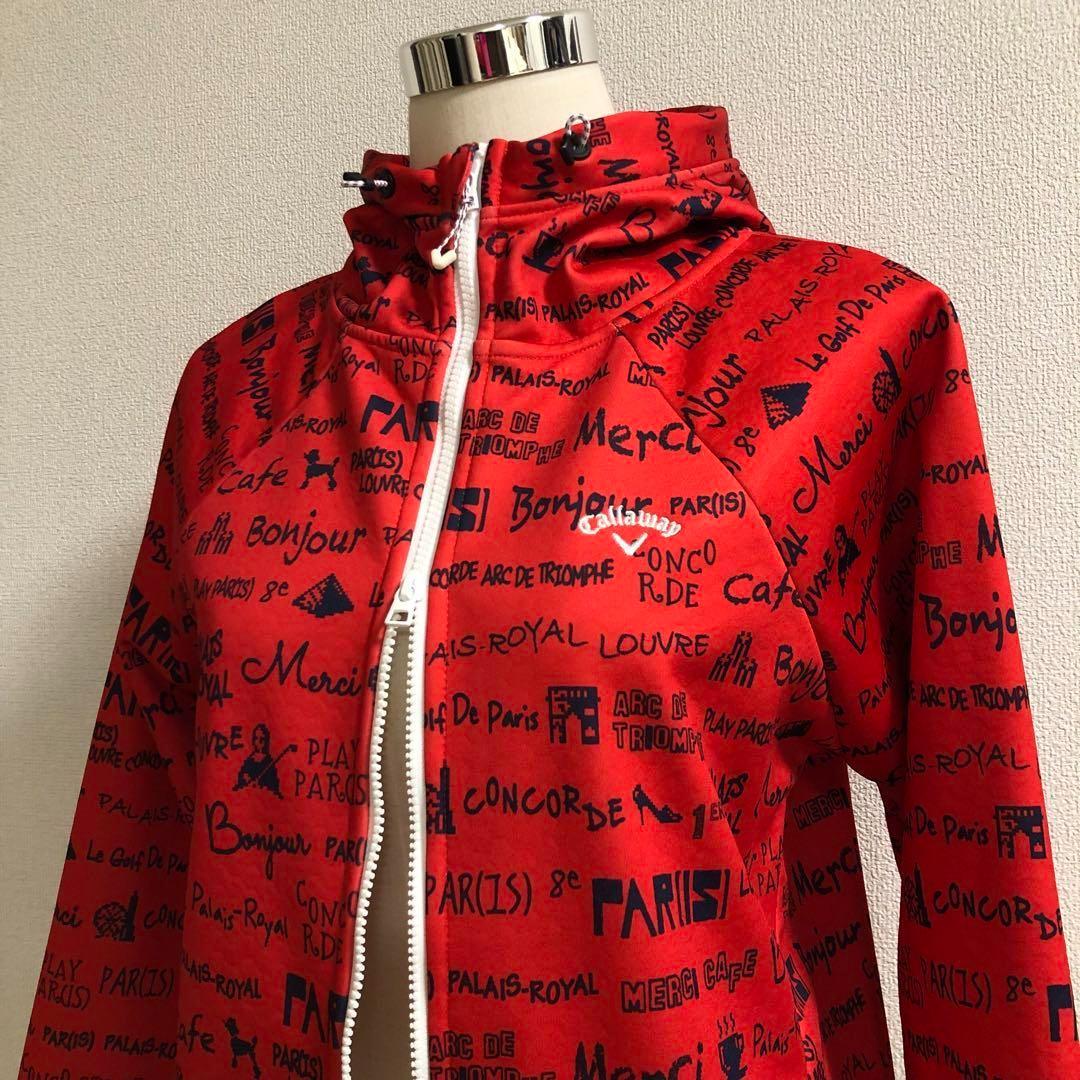 キャロウェイ ダブルジップ ボンディング パーカー 裏起毛 レッド 総柄 L