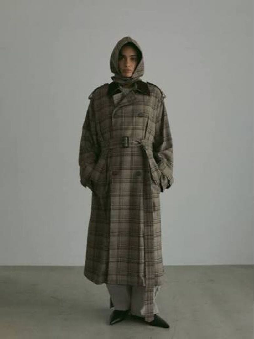 新品未使用　ETRETOKYO フードストールロングトレンチコート チェック　M