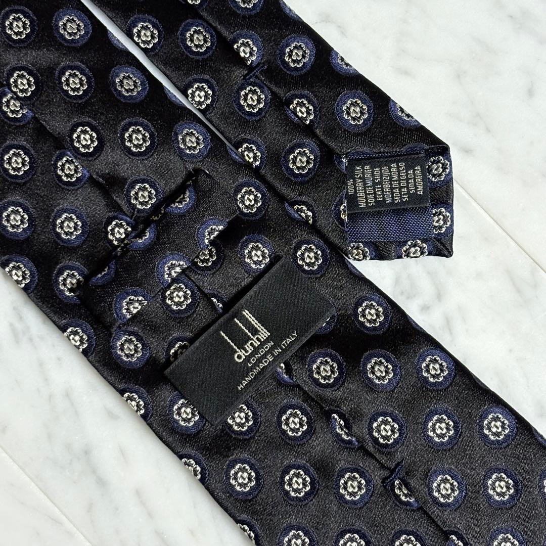 dunhill ネクタイ ブラック ネイビー ドット柄 光沢