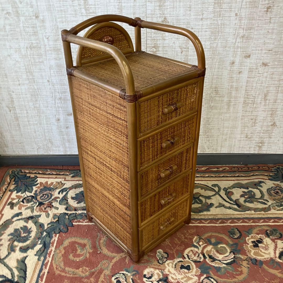 昭和レトロ ラタンチェスト 5段収納サニタリーラック 引き出しタンス 箪笥