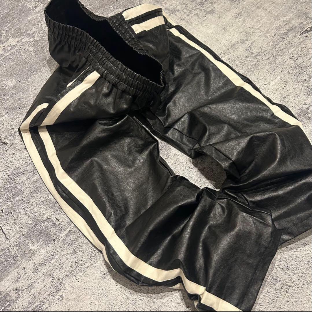 パンツ V6 -coating leather side line wide pants