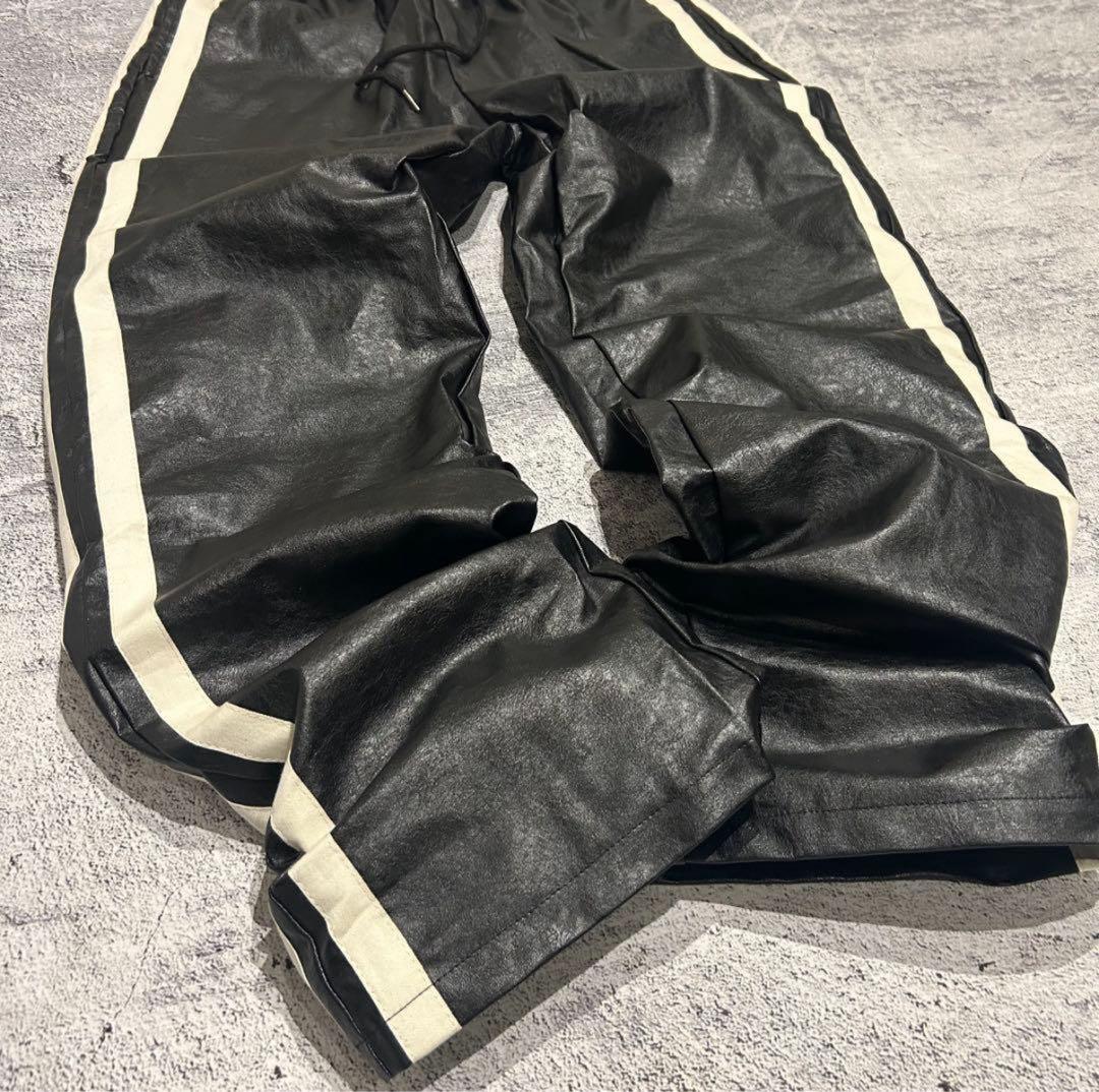 パンツ V6 -coating leather side line wide pants