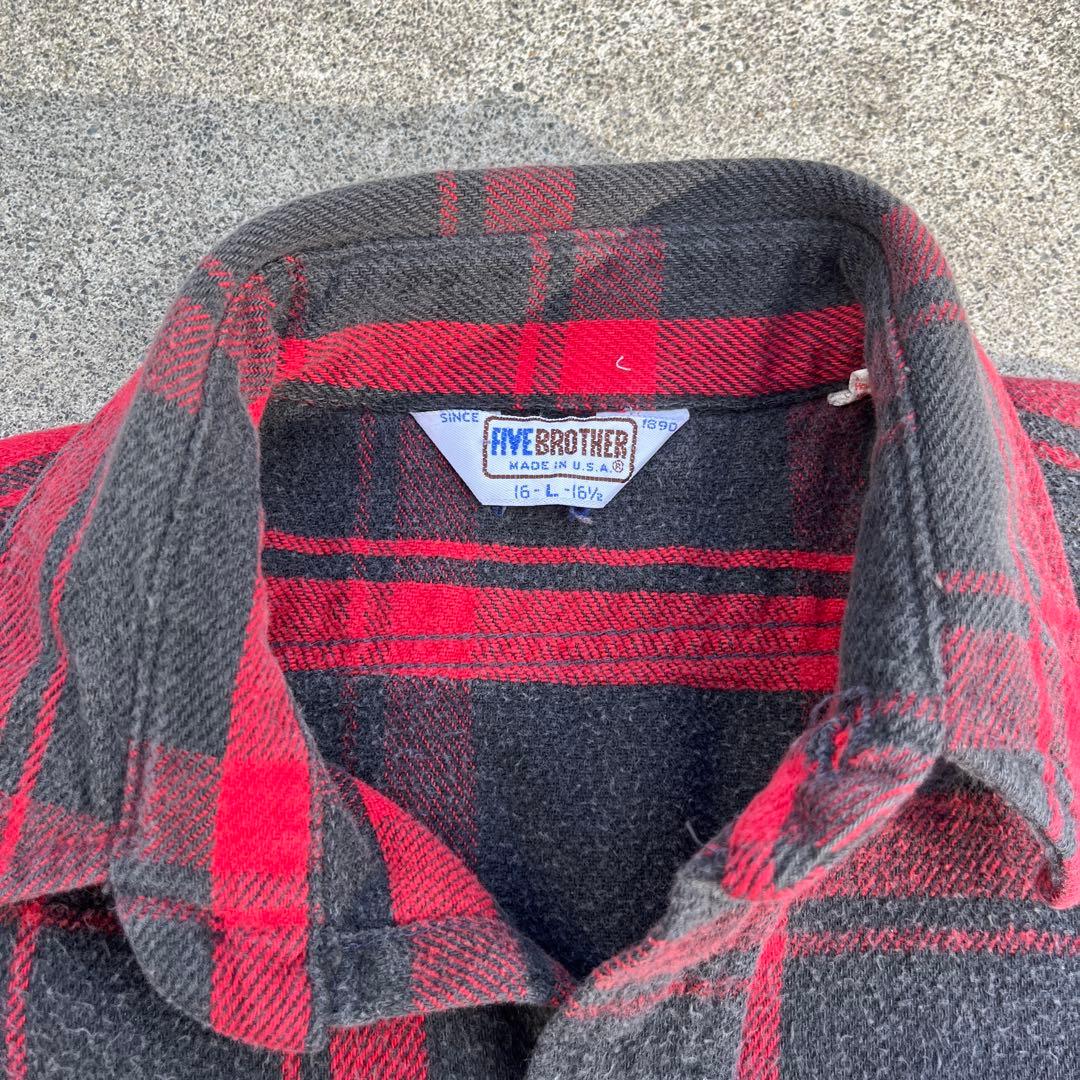 レア70〜80s FIVE BROTHER ネルシャツ USA製 赤×黒 L
