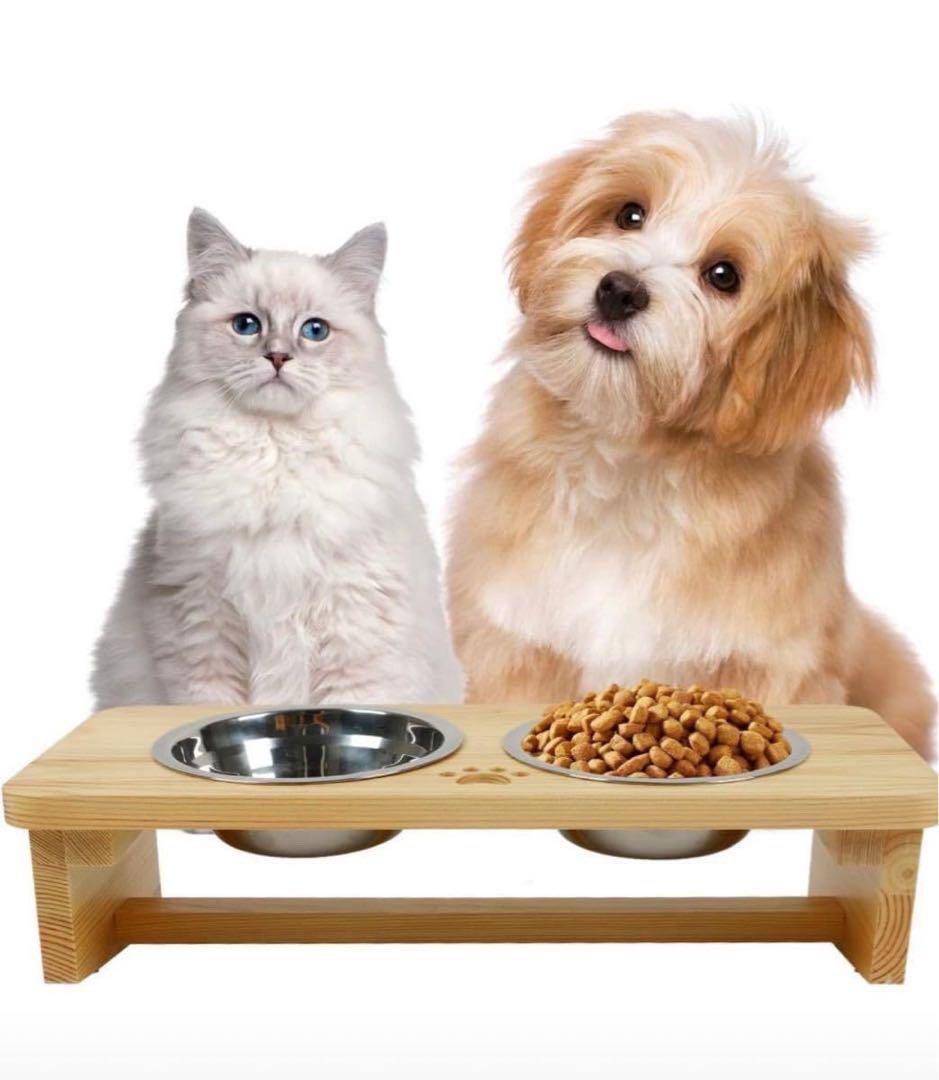 エサ台、猫・犬 木製15度斜めネコ食器 犬食事台 ペット餌入れ 犬猫用 説明書付