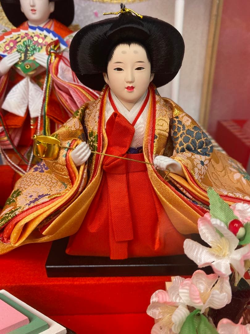 東京久月　雛人形五人飾りガラスケース檜造り・間口約５９×奥行約３４×高さ約４２㎝