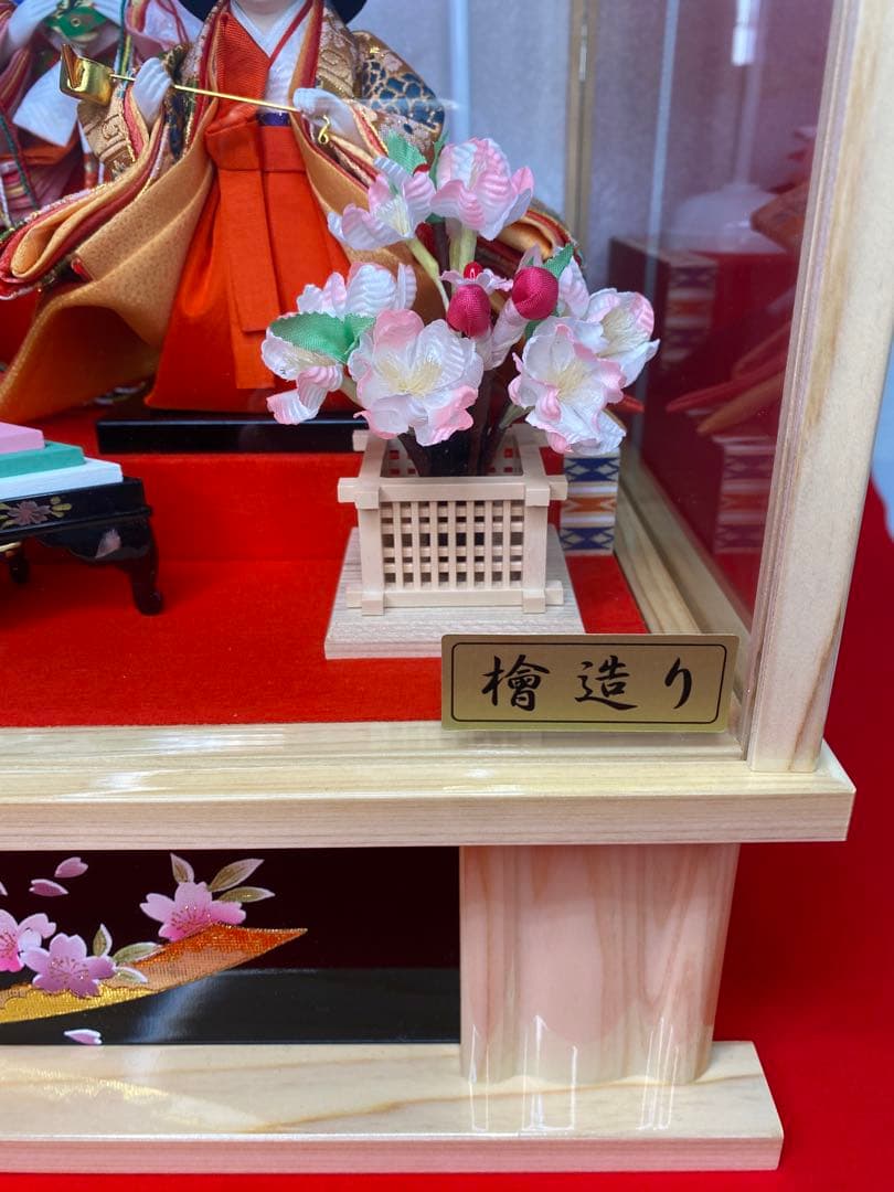東京久月　雛人形五人飾りガラスケース檜造り・間口約５９×奥行約３４×高さ約４２㎝