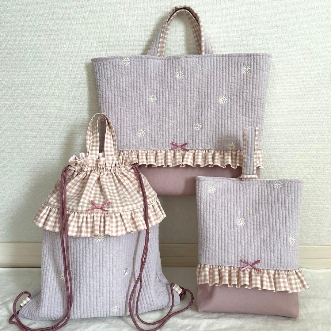 入園入学3点セット　【マーガレットヌビ×くすみピンク】　女の子　レッスンバッグ