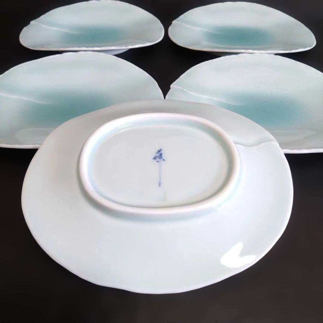 新品 有田焼 藤巻製陶 青白磁 銘々皿５枚 継ぎ合わせ　 楕円形 取皿　お祝い