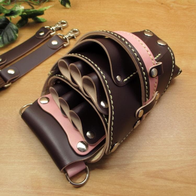 ダークブラウン＆薄ピンク　６丁差し　本革　シザーケース　SCA-100/CDB