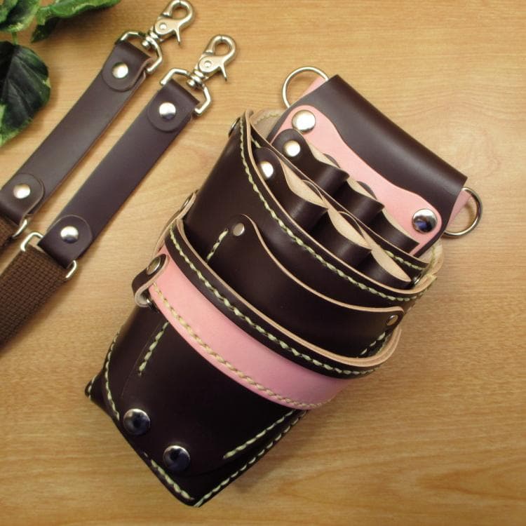 ダークブラウン＆薄ピンク　６丁差し　本革　シザーケース　SCA-100/CDB
