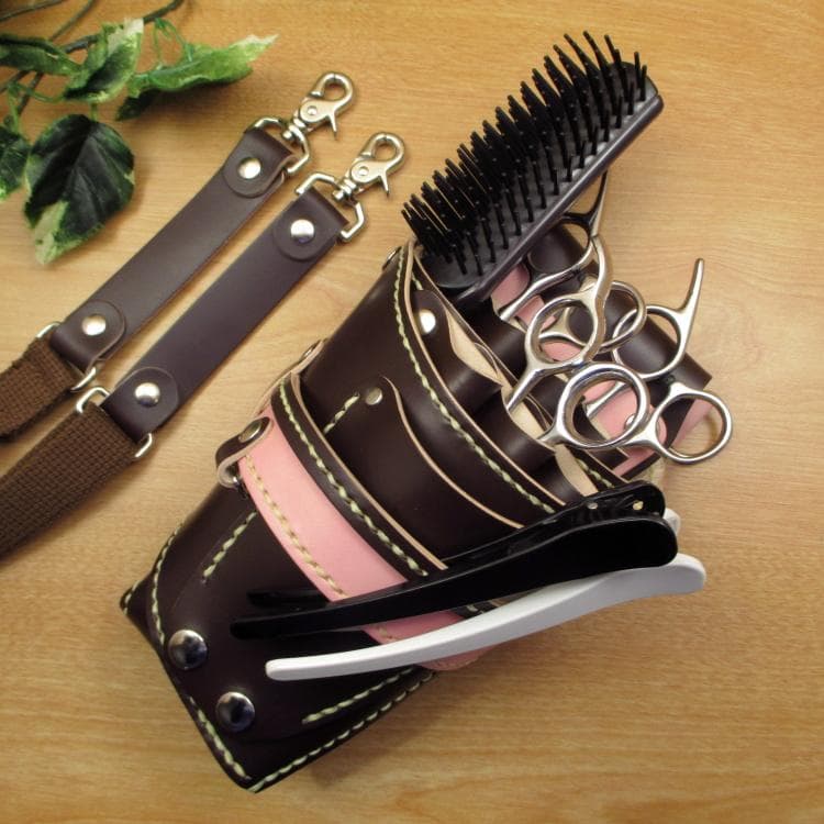 ダークブラウン＆薄ピンク　６丁差し　本革　シザーケース　SCA-100/CDB