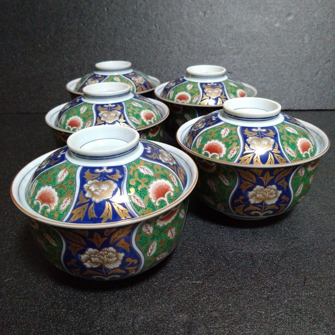 未使用 美濃焼 庫山窯 間取り金彩牡丹 蓋付 小丼5個 煮物碗 蒸し碗　お祝い