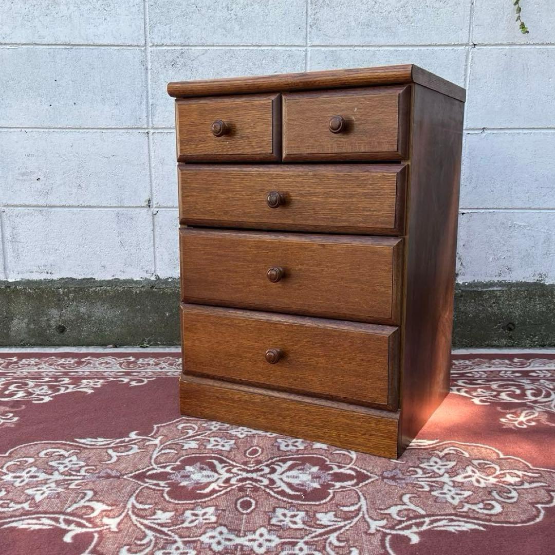 古家具ビンテージ品◾️オーク材突板 引き出し5杯 整理棚 収納棚 木製キャビネット