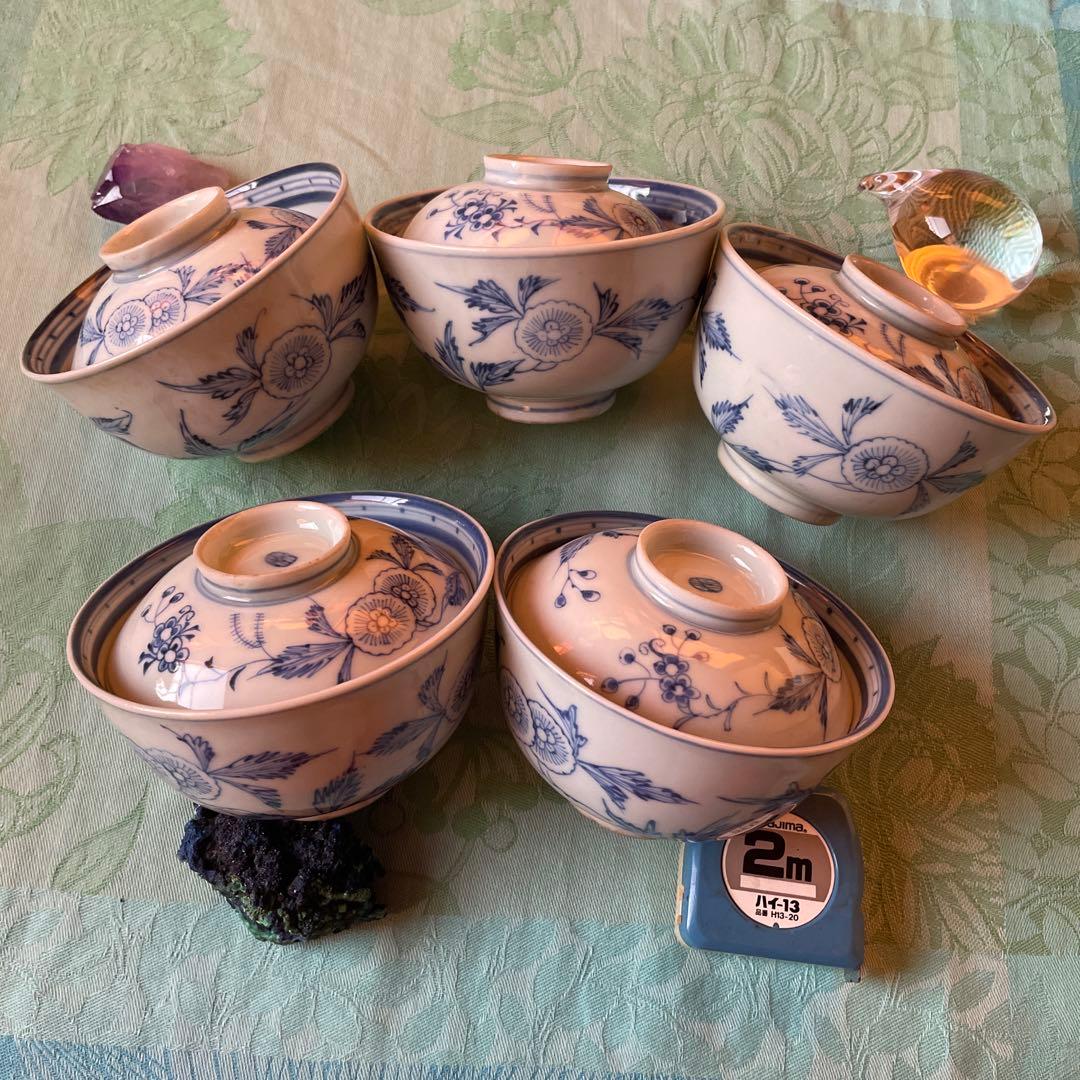 古伊万里　染付　蓋付飯茶碗　5客