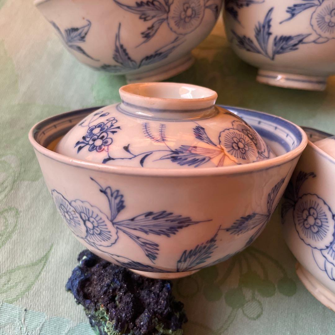 古伊万里　染付　蓋付飯茶碗　5客