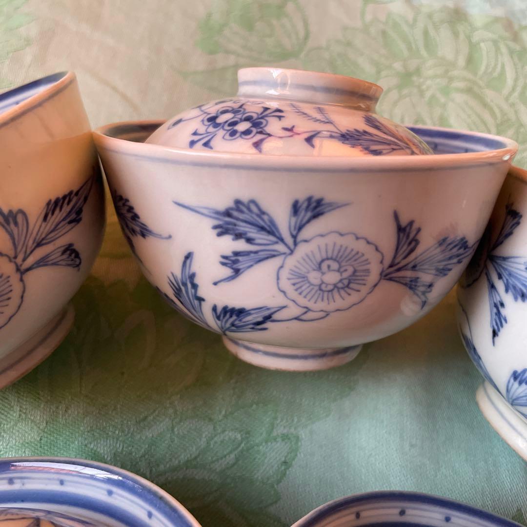 古伊万里　染付　蓋付飯茶碗　5客