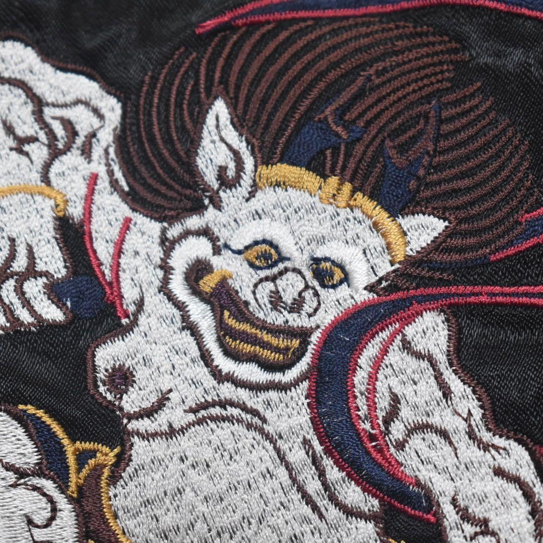 未使用級 花旅楽団 スカジャン 風神雷神 リバーシブル 刺繍 黒×白 L 和柄