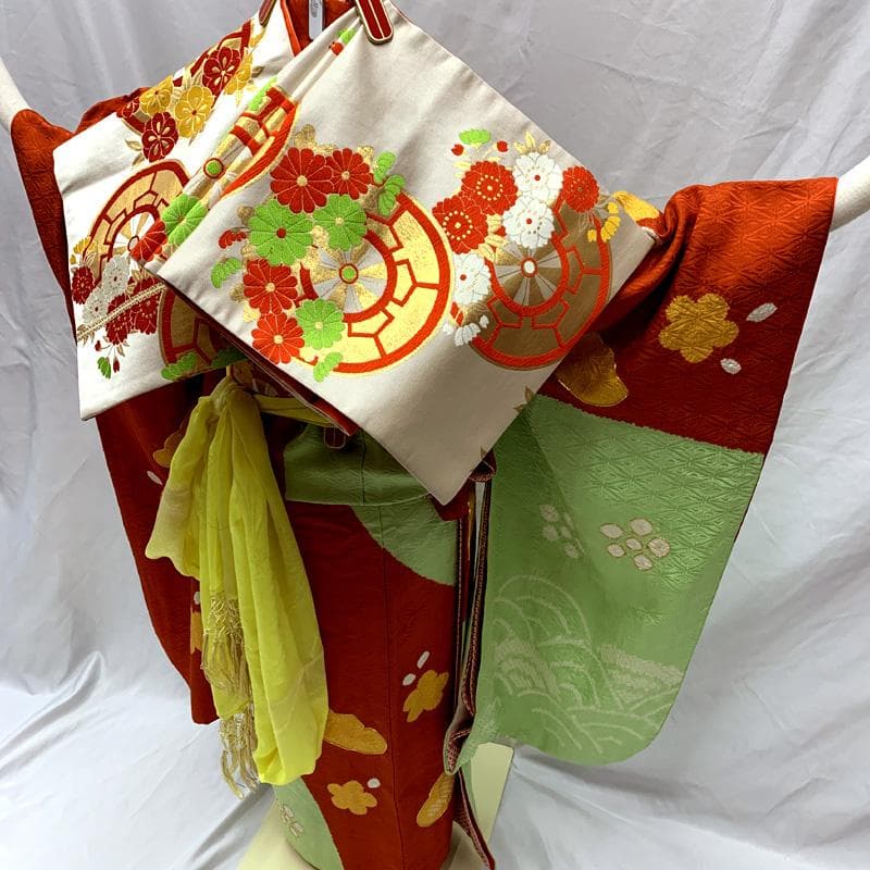 509ag23□七五三 七歳 女児 着物&袋帯 部分絞り 梅 松□状態良好