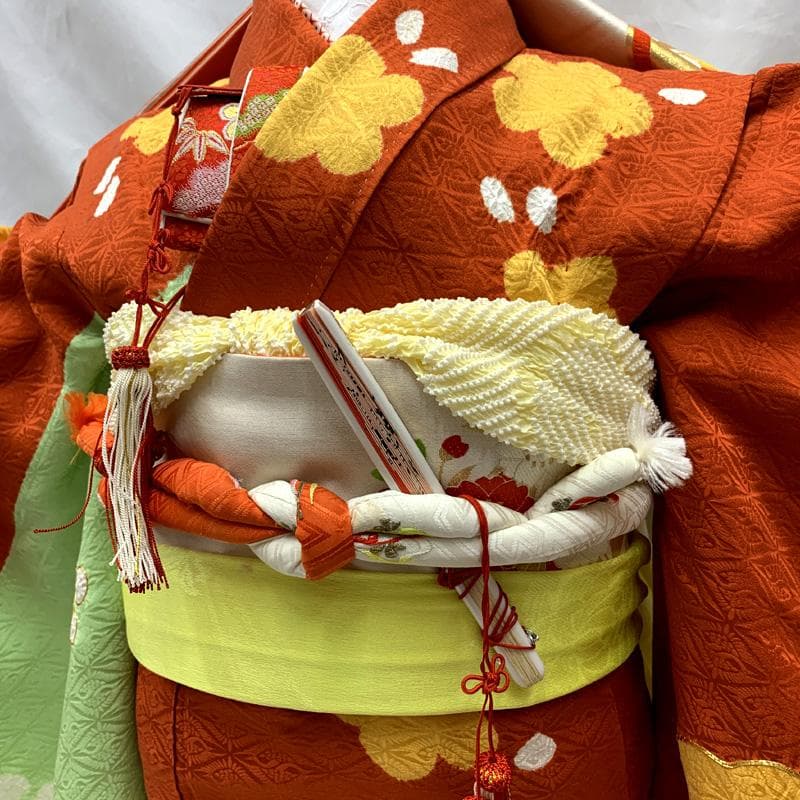 509ag23□七五三 七歳 女児 着物&袋帯 部分絞り 梅 松□状態良好