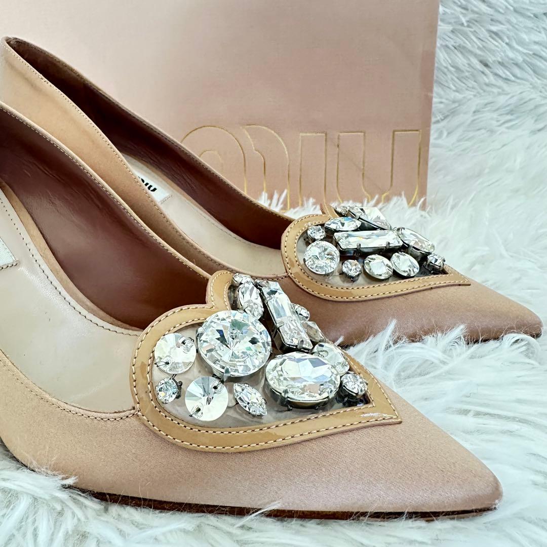 【美品】ミュウミュウ miumiu ハート　ビジュー　ピンク パンプス35
