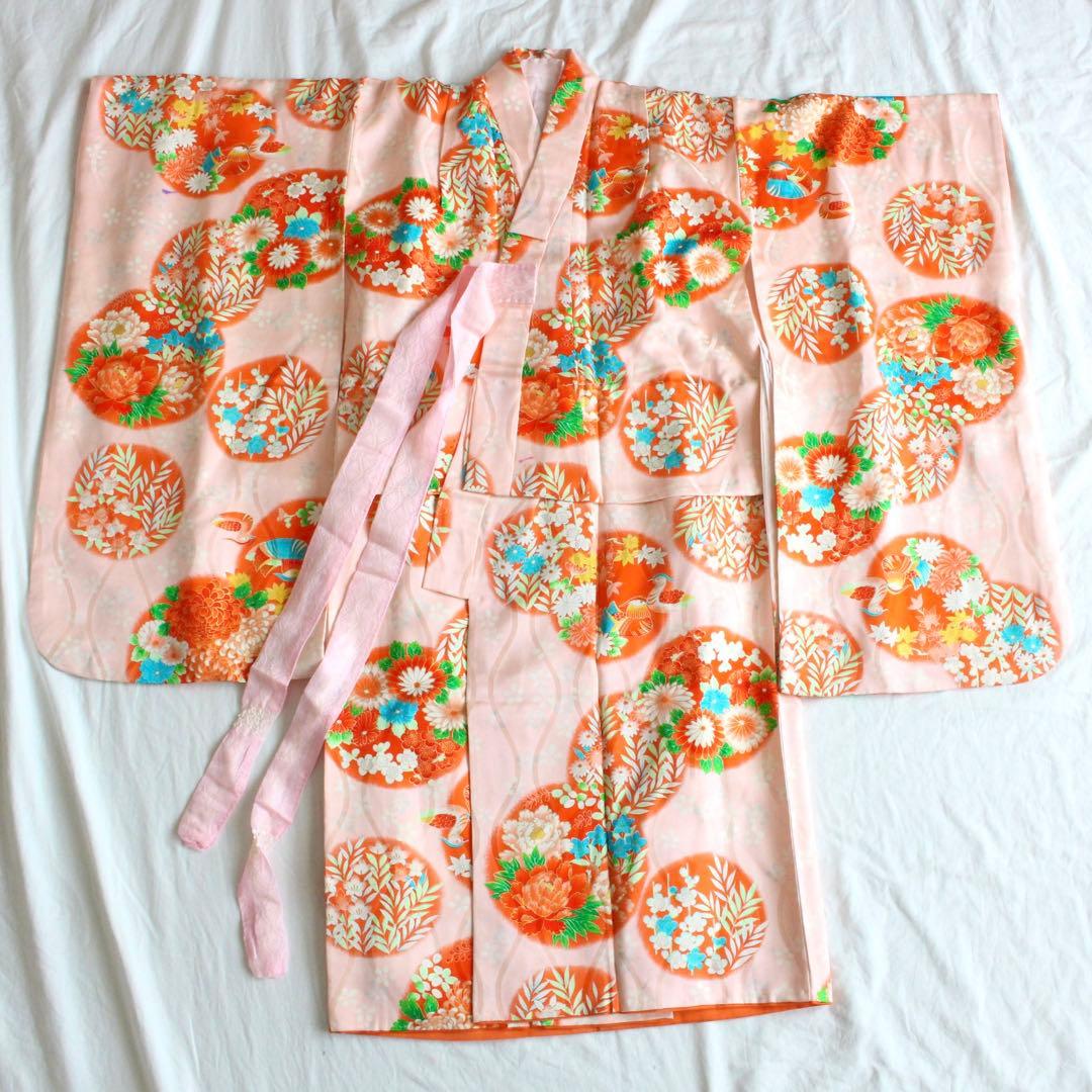 七五三 7歳 女の子 子供 正絹 ピンク 着物 つくり帯 セット