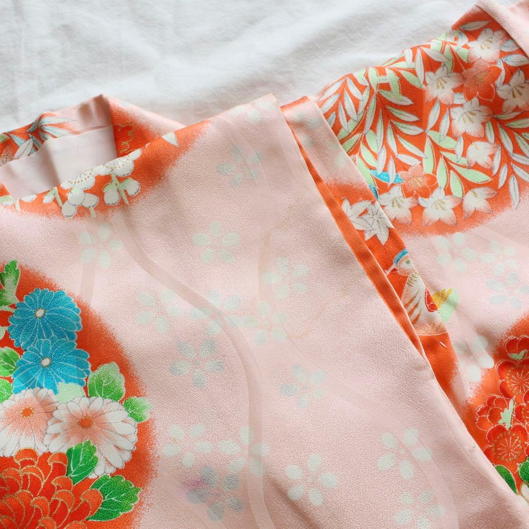 七五三 7歳 女の子 子供 正絹 ピンク 着物 つくり帯 セット