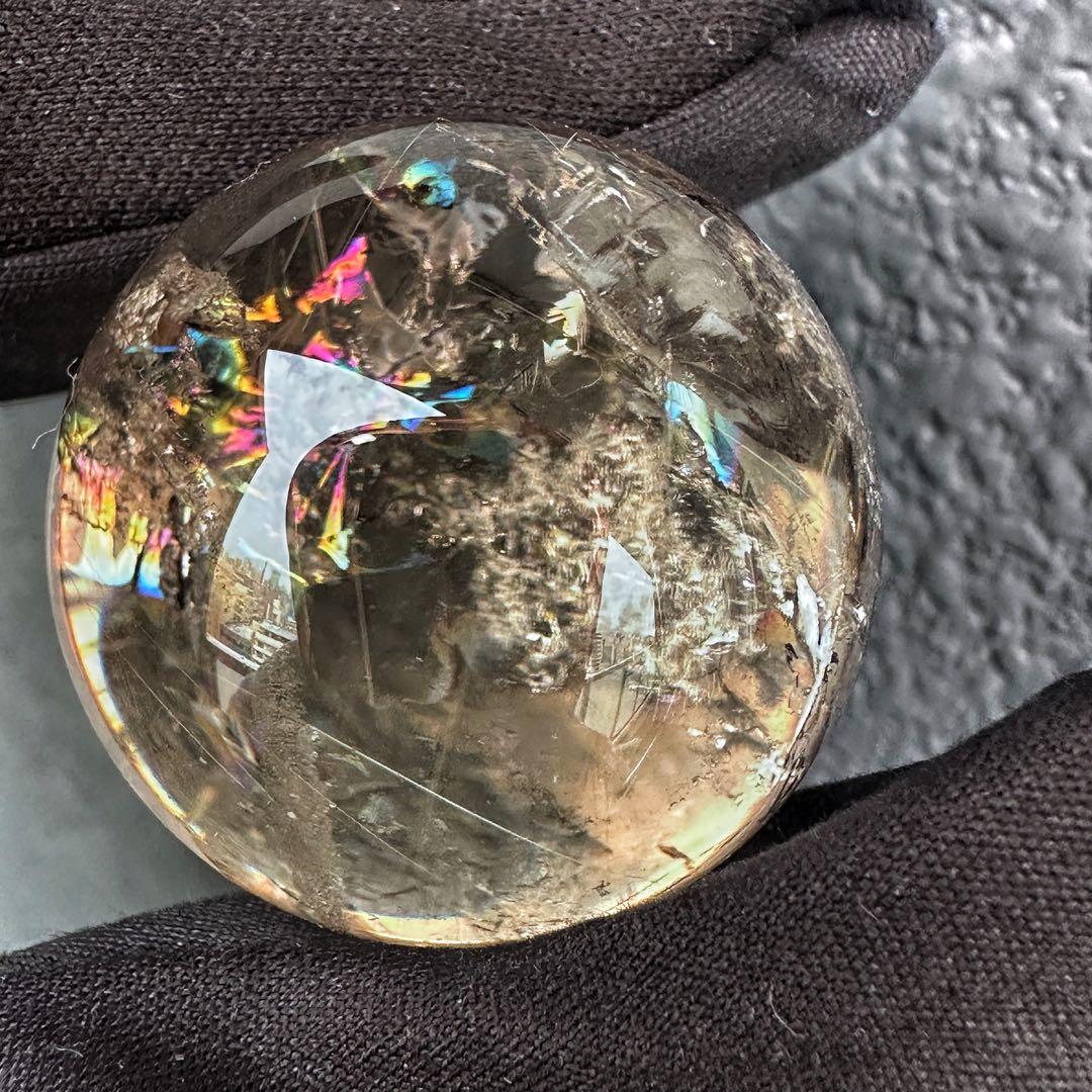 金運最強✴️レインボー☆スモーキーチルクォーツ丸玉パワーストーンスフィアA1252