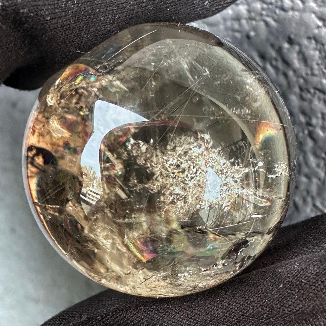 金運最強✴️レインボー☆スモーキーチルクォーツ丸玉パワーストーンスフィアA1252