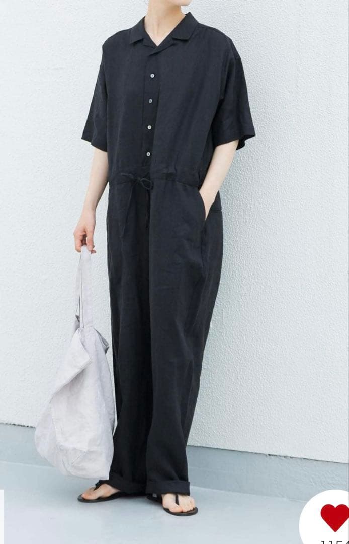 ◯　かぐれ　リネンハーフスリーブオールインワン　ブラック