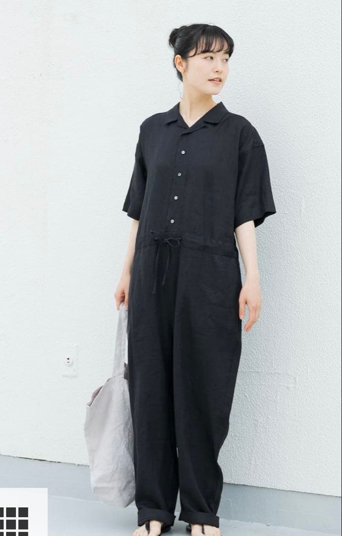 ◯　かぐれ　リネンハーフスリーブオールインワン　ブラック