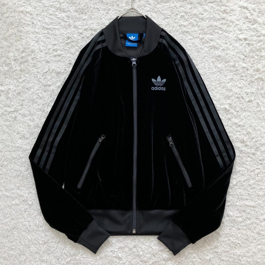 Y2K✨未使用級✨アディダス トラックジャケット 刺繍ロゴ ベロア ブラック 黒